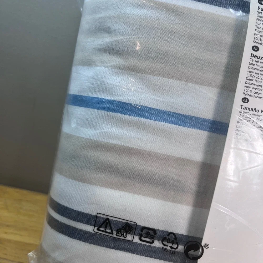 IKEA Smalstakra Duvet Cover Set Full Queen Blue Beige White Striped 004.435.02